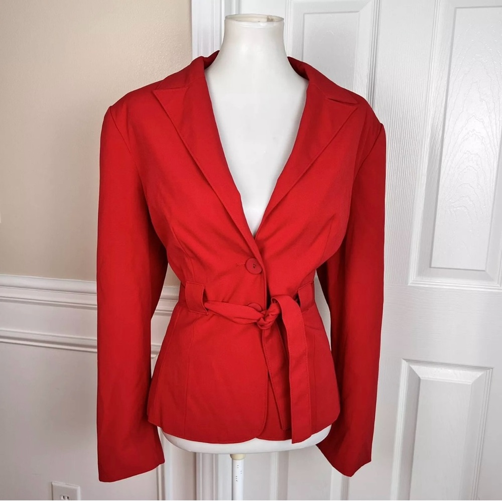 Larry Levine Polyester Rayon Spandex Pant Suit Red Belted Wide Leg 2PC Needles - Picture 3 of 9